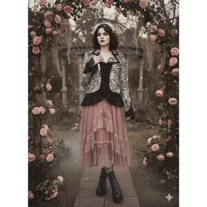 Joseph Ribkoff Black/White Semi Sheer Jacket Ruffle Trim Sz 6 Romantic Victorian